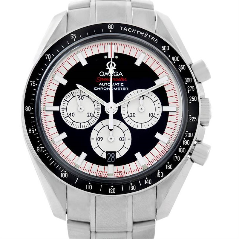 This image shows a front-facing view of the Omega Speedmaster watch, highlighting its dial, subdials, bezel, and crown.