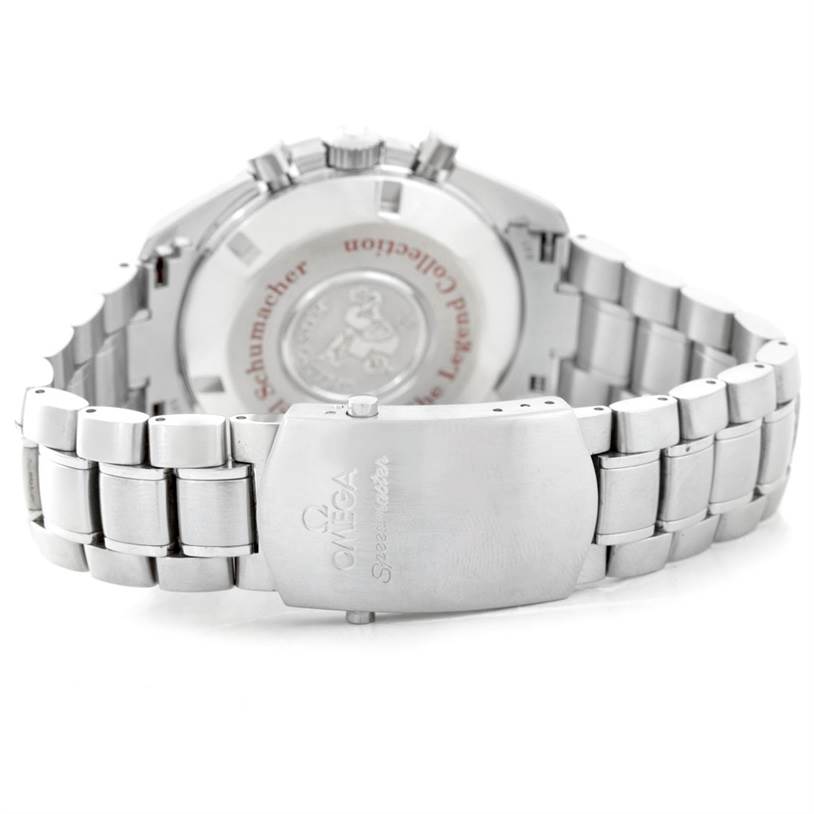 The image shows the back view of an Omega Speedmaster 3507.51.00 Men
s Stainless Steel Black Dial 3507.51.00 Men
s Stainless Steel Black Dial watch, highlighting the clasp and case back.