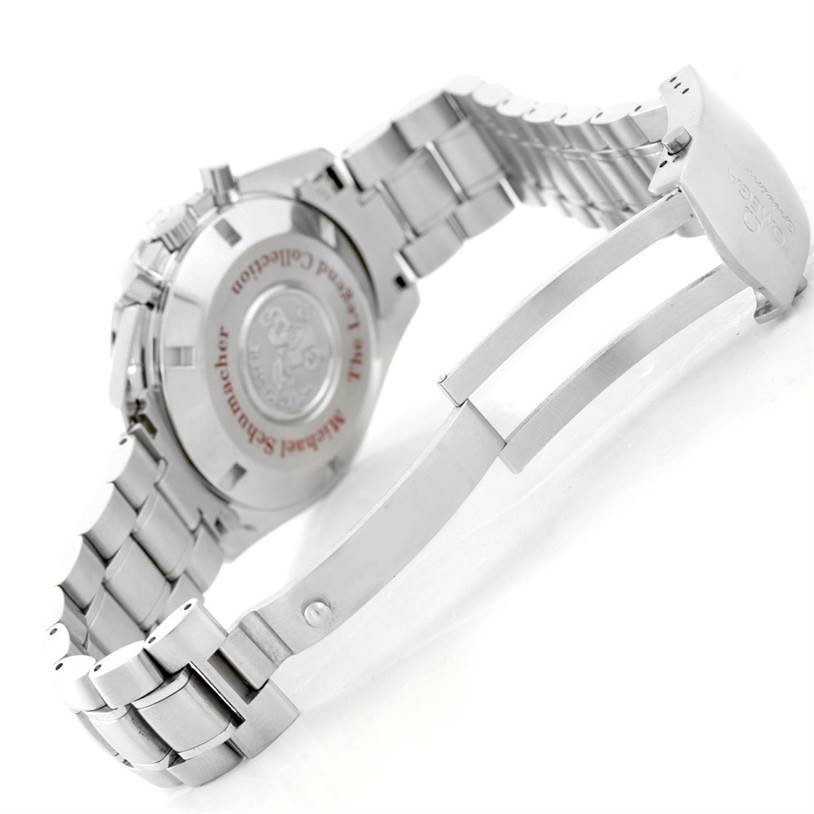 This image shows the back and partially open clasp of an Omega Speedmaster 3507.51.00 Men
s Stainless Steel Black Dial 3507.51.00 Men
s Stainless Steel Black Dial watch with a metal bracelet.