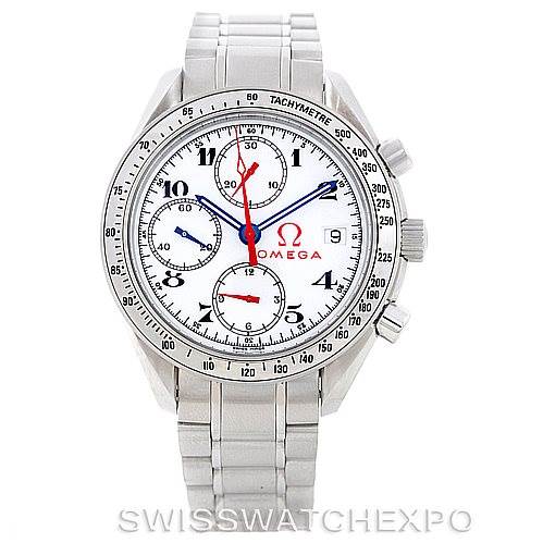 The image shows a frontal view of an Omega Speedmaster 3515.20.00 Men
s Stainless Steel White Dial 3515.20.00 Men
s Stainless Steel White Dial watch displaying its face, tachymeter bezel, and metal bracelet.