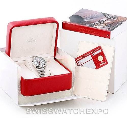The Omega Speedmaster 3515.20.00 Men
s Stainless Steel White Dial 3515.20.00 Men
s Stainless Steel White Dial watch is shown at an angle inside a red case with accompanying box and documentation.