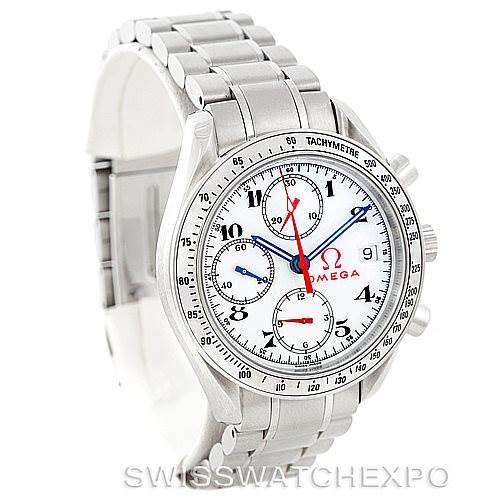 The image shows an Omega Speedmaster 3515.20.00 Men
s Stainless Steel White Dial 3515.20.00 Men
s Stainless Steel White Dial watch at an angled front view, displaying the dial, bezel, and part of the metal bracelet.