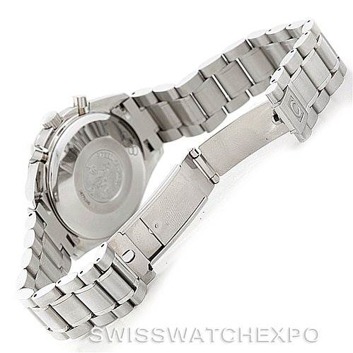 The image shows the back and bracelet of an Omega Speedmaster 3515.20.00 Men
s Stainless Steel White Dial 3515.20.00 Men
s Stainless Steel White Dial watch at an angle, highlighting the clasp and case back.