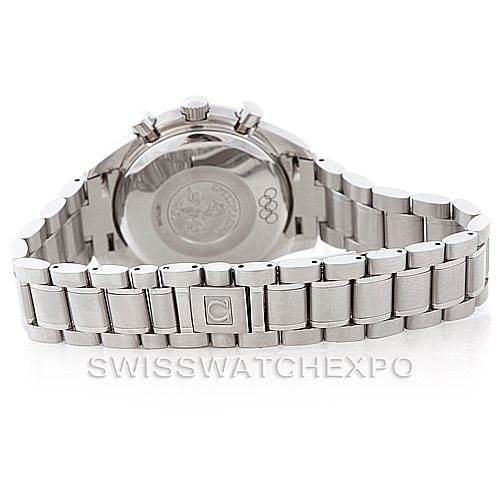 The image shows the rear view of an Omega Speedmaster 3515.20.00 Men
s Stainless Steel White Dial 3515.20.00 Men
s Stainless Steel White Dial watch, highlighting the case back and metal bracelet.
