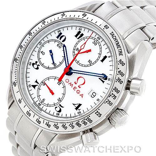 The image shows an Omega Speedmaster 3515.20.00 Men
s Stainless Steel White Dial 3515.20.00 Men
s Stainless Steel White Dial watch from a front angle, highlighting the dial, subdials, tachymeter bezel, and stainless steel bracelet.