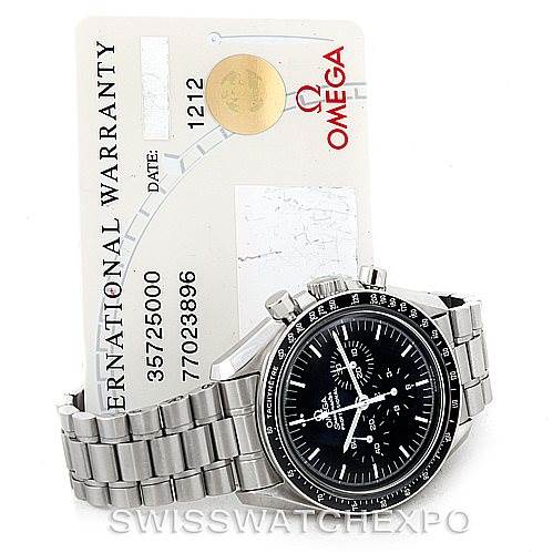 This image shows an Omega Speedmaster 3572.50.00 Men
s Stainless Steel Black Dial 3572.50.00 Men
s Stainless Steel Black Dial watch displayed at a three-quarter angle with its warranty card in the background.
