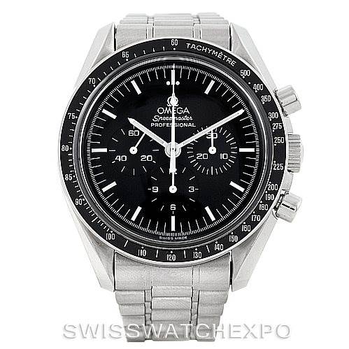 The image shows a front view of an Omega Speedmaster 3572.50.00 Men
s Stainless Steel Black Dial 3572.50.00 Men
s Stainless Steel Black Dial watch, displaying the watch face, bezel, and metal bracelet.