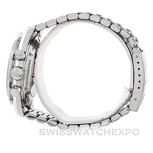 This side view of the Omega Speedmaster 3572.50.00 Men
s Stainless Steel Black Dial 3572.50.00 Men
s Stainless Steel Black Dial watch showcases its case, pushers, and metal bracelet.