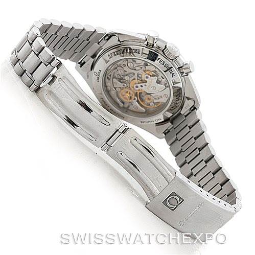 The image shows the back view of an Omega Speedmaster 3572.50.00 Men
s Stainless Steel Black Dial 3572.50.00 Men
s Stainless Steel Black Dial watch, displaying its open caseback and metal bracelet.