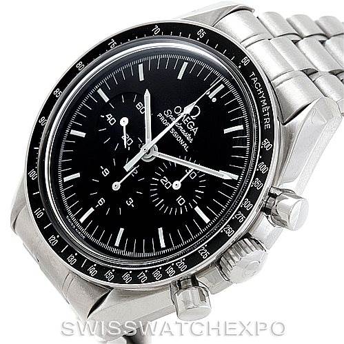 The image shows a top-front angle view of the Omega Speedmaster 3572.50.00 Men
s Stainless Steel Black Dial 3572.50.00 Men
s Stainless Steel Black Dial watch, highlighting its dial, bezel, pushers, and bracelet.