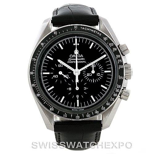 This image shows a front view of the Omega Speedmaster 3870.50.31 Men
s Stainless Steel Black Dial 3870.50.31 Men
s Stainless Steel Black Dial watch, displaying its black dial, tachymeter bezel, and black leather strap.