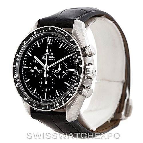 This Omega Speedmaster 3870.50.31 Men
s Stainless Steel Black Dial 3870.50.31 Men
s Stainless Steel Black Dial watch is shown from a front angle displaying the dial, bezel, lugs, crown, pushers, and black leather strap.