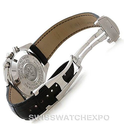 The image shows the Omega Speedmaster 3870.50.31 Men
s Stainless Steel Black Dial 3870.50.31 Men
s Stainless Steel Black Dial watch from a side-back angle, highlighting the case back and the deployment clasp of the strap.