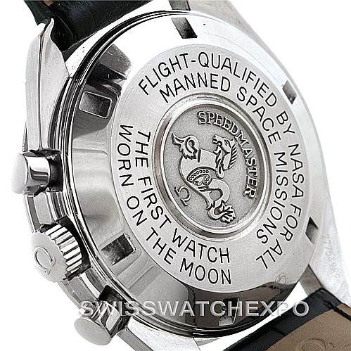 The image shows the back case of an Omega Speedmaster 3870.50.31 Men
s Stainless Steel Black Dial 3870.50.31 Men
s Stainless Steel Black Dial watch, highlighting its "Flight-Qualified by NASA" engraving.