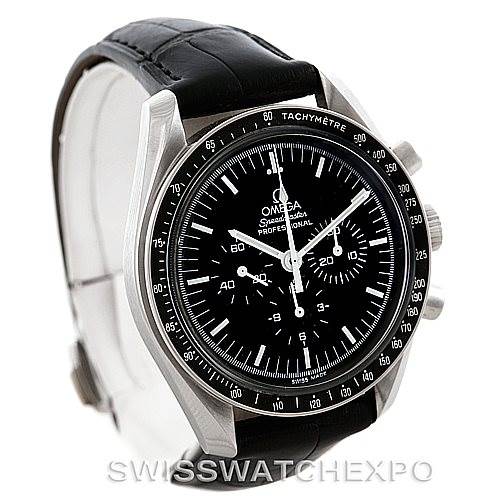The image shows an Omega Speedmaster 3870.50.31 Men
s Stainless Steel Black Dial 3870.50.31 Men
s Stainless Steel Black Dial watch from a front angle, highlighting the black dial, tachymeter bezel, and leather strap.