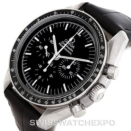 This image shows the Omega Speedmaster 3870.50.31 Men
s Stainless Steel Black Dial 3870.50.31 Men
s Stainless Steel Black Dial watch at a three-quarter angle, highlighting the bezel, dial, pushers, and crown.