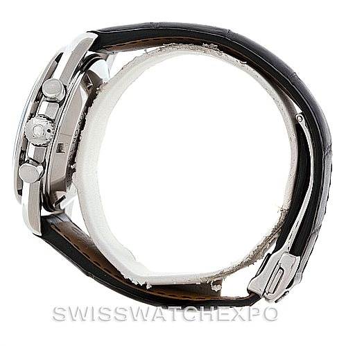 The image shows a side view of an Omega Speedmaster 3870.50.31 Men
s Stainless Steel Black Dial 3870.50.31 Men
s Stainless Steel Black Dial watch, highlighting the case, crown, pushers, and leather strap with a clasp.