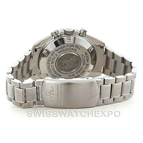 This image shows the back case and stainless steel bracelet of an Omega Speedmaster 3570.50.00 Men's Stainless Steel Black Dial 3570.50.00 Men's Stainless Steel Black Dial watch.