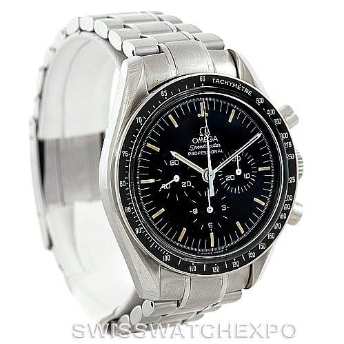 This image shows an Omega Speedmaster 3570.50.00 Men's Stainless Steel Black Dial 3570.50.00 Men's Stainless Steel Black Dial watch from an angled view, highlighting its face, bezel, and metal bracelet.