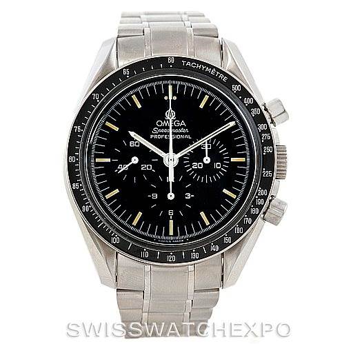 This image shows a front view of an Omega Speedmaster 3570.50.00 Men's Stainless Steel Black Dial 3570.50.00 Men's Stainless Steel Black Dial watch with its dial, bezel, and metal bracelet visible.