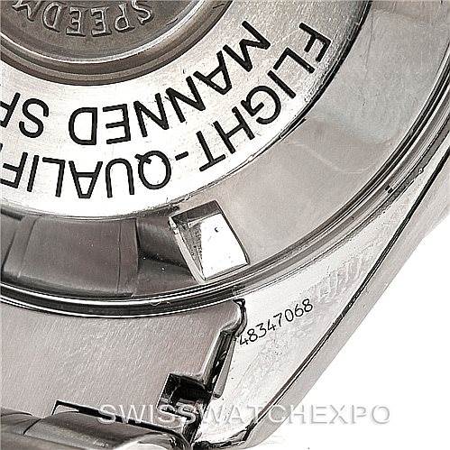 This image shows a close-up of the case back and part of the bracelet of the Omega Speedmaster 3570.50.00 Men's Stainless Steel Black Dial 3570.50.00 Men's Stainless Steel Black Dial watch.