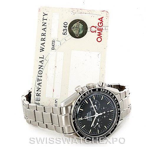 The image shows an Omega Speedmaster 3570.50.00 Men's Stainless Steel Black Dial 3570.50.00 Men's Stainless Steel Black Dial watch at a slight angle along with its international warranty card.