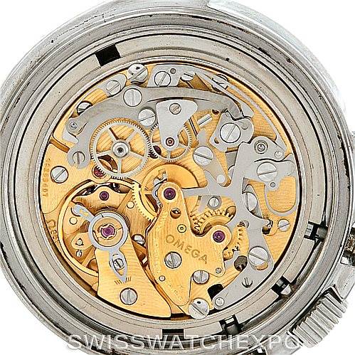 This image shows the intricate movement mechanism of an Omega Speedmaster 3590.50.00 Men's Stainless Steel Black Dial 3590.50.00 Men's Stainless Steel Black Dial watch from a back angle.