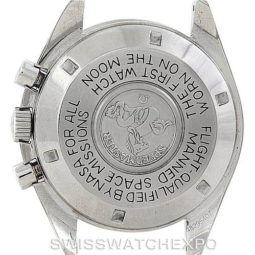 The image shows the back case of an Omega Speedmaster 3590.50.00 Men's Stainless Steel Black Dial 3590.50.00 Men's Stainless Steel Black Dial watch, highlighting its engravings and features.