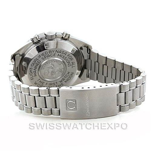 The image shows the back view of an Omega Speedmaster 3590.50.00 Men's Stainless Steel Black Dial 3590.50.00 Men's Stainless Steel Black Dial watch, highlighting its case back and metal bracelet.