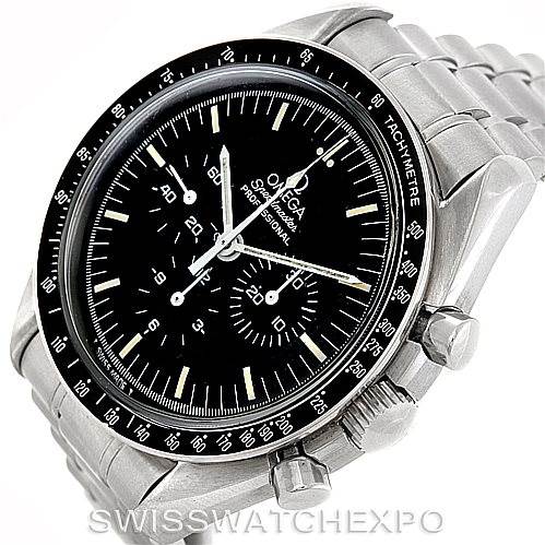 The image shows the Omega Speedmaster 3590.50.00 Men's Stainless Steel Black Dial 3590.50.00 Men's Stainless Steel Black Dial watch at a slight angle, highlighting its dial, tachymeter bezel, and stainless steel bracelet.