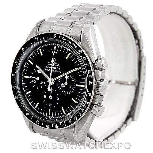 The image shows an Omega Speedmaster 3590.50.00 Men's Stainless Steel Black Dial 3590.50.00 Men's Stainless Steel Black Dial watch from a front angle, highlighting its black dial, tachymeter bezel, and stainless steel bracelet.