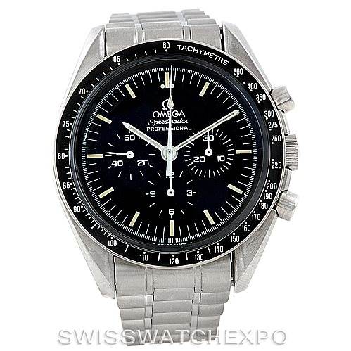 The image shows a front view of the Omega Speedmaster 3590.50.00 Men's Stainless Steel Black Dial 3590.50.00 Men's Stainless Steel Black Dial watch, highlighting its black dial, chronograph features, and metal bracelet.