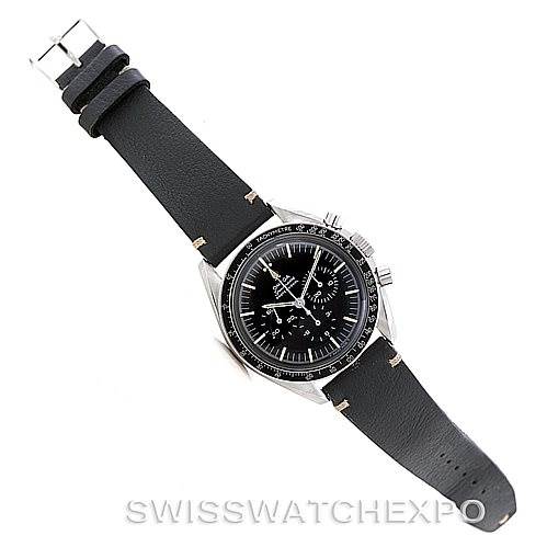 This image shows an Omega Speedmaster Men
s Stainless Steel Black Dial Men
s Stainless Steel Black Dial watch from a top-down angle, highlighting the face, bezel, and leather strap.