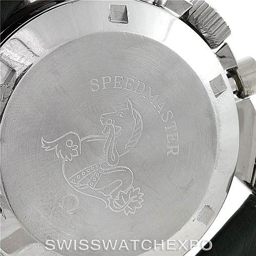 The image shows the engraved case back of the Speedmaster model by Omega, displaying the brand
s logo and model name.
