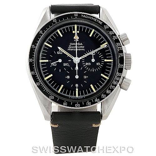 The image shows a front view of the Omega Speedmaster Men
s Stainless Steel Black Dial Men
s Stainless Steel Black Dial watch, highlighting its dial, tachymeter bezel, and chronograph buttons.