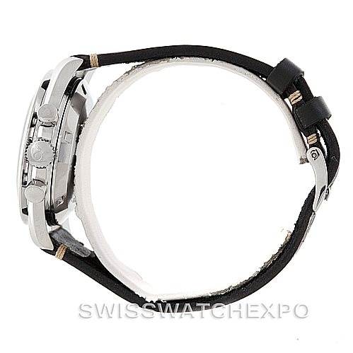 The Omega Speedmaster Men
s Stainless Steel Black Dial Men
s Stainless Steel Black Dial watch is displayed from a side view showing its crown, pushers, and black leather strap with a buckle.