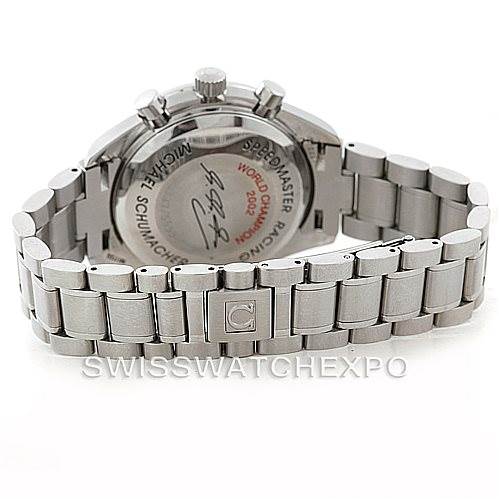 The image shows the back of an Omega Speedmaster 3529.50.00 Men
s Stainless Steel Black Dial 3529.50.00 Men
s Stainless Steel Black Dial watch, highlighting the case back and stainless steel bracelet.