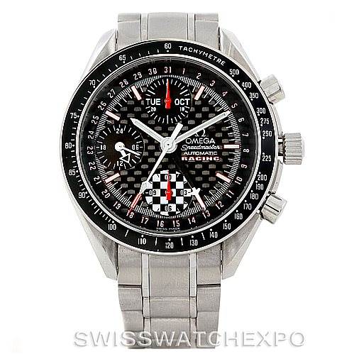 The image shows a frontal view of the Omega Speedmaster 3529.50.00 Men
s Stainless Steel Black Dial 3529.50.00 Men
s Stainless Steel Black Dial watch, highlighting the dial, bezel, and part of the bracelet.