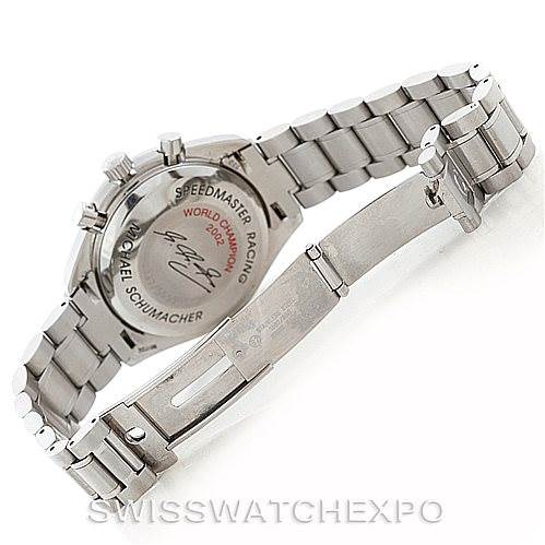 The image shows the back case and bracelet of an Omega Speedmaster 3529.50.00 Men
s Stainless Steel Black Dial 3529.50.00 Men
s Stainless Steel Black Dial watch with visible engravings.