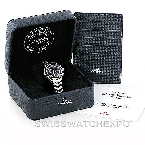 The image shows the Omega Speedmaster 3529.50.00 Men
s Stainless Steel Black Dial 3529.50.00 Men
s Stainless Steel Black Dial watch at a front angle, along with its box, limited edition certificate, and cardholder.