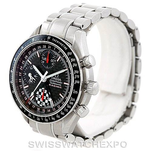 This is an angled view of the Omega Speedmaster 3529.50.00 Men
s Stainless Steel Black Dial 3529.50.00 Men
s Stainless Steel Black Dial watch showing the face, bezel, pushers, and bracelet.