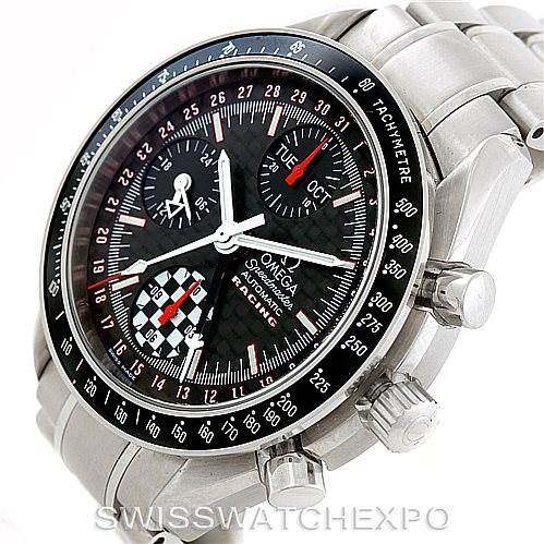 The image shows an Omega Speedmaster 3529.50.00 Men
s Stainless Steel Black Dial 3529.50.00 Men
s Stainless Steel Black Dial watch at an angled view focusing on the face, side buttons, and bracelet.