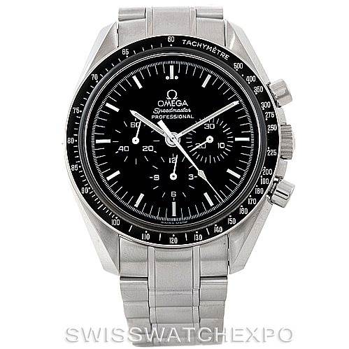 The image shows a front view of the Omega Speedmaster 3570.50.00 Men
s Stainless Steel Black Dial 3570.50.00 Men
s Stainless Steel Black Dial Professional watch, highlighting the dial, bezel, and bracelet.