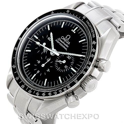 The image shows the Omega Speedmaster 3570.50.00 Men
s Stainless Steel Black Dial 3570.50.00 Men
s Stainless Steel Black Dial watch at a three-quarter angle, highlighting the face, bezel, crown, and chronograph pushers.