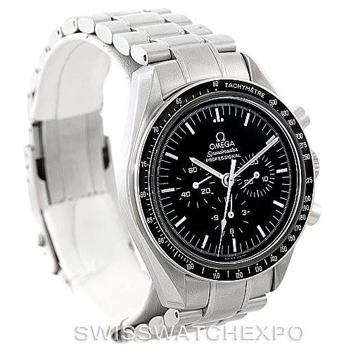 The image shows an angled view of the Omega Speedmaster 3570.50.00 Men
s Stainless Steel Black Dial 3570.50.00 Men
s Stainless Steel Black Dial watch, highlighting its stainless steel bracelet and tachymeter bezel.