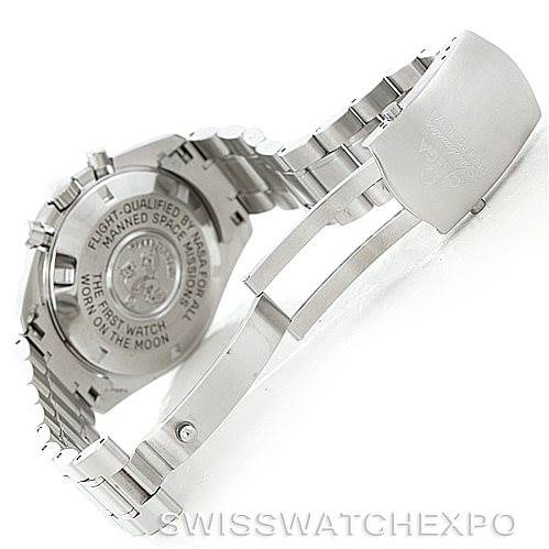 The image shows the back case and clasp of an Omega Speedmaster 3570.50.00 Men
s Stainless Steel Black Dial 3570.50.00 Men
s Stainless Steel Black Dial watch, highlighting the engraved details and metal bracelet.