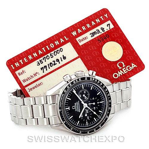 The image shows an Omega Speedmaster 3570.50.00 Men
s Stainless Steel Black Dial 3570.50.00 Men
s Stainless Steel Black Dial watch from a slight angle, alongside its International Warranty card.