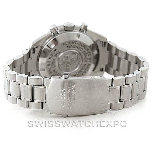 The image shows the back case and bracelet of an Omega Speedmaster 3570.50.00 Men
s Stainless Steel Black Dial 3570.50.00 Men
s Stainless Steel Black Dial watch from an angle that highlights the clasp and case back engravings.