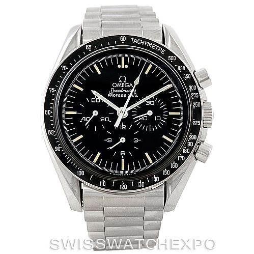 The image shows a front-facing view of an Omega Speedmaster 3592.50.00 Men
s Stainless Steel Black Dial 3592.50.00 Men
s Stainless Steel Black Dial watch with a stainless steel bracelet and black dial.