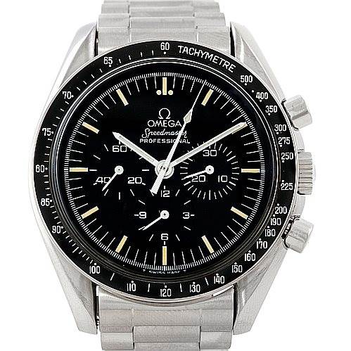 The image shows the front view of an Omega Speedmaster 3592.50.00 Men
s Stainless Steel Black Dial 3592.50.00 Men
s Stainless Steel Black Dial watch, highlighting the black dial, chronograph sub-dials, and tachymeter bezel.